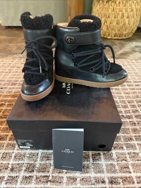 Coach Monroe Black Leather Shearling-Lined Lace-Up Wedge Boot Sneakers